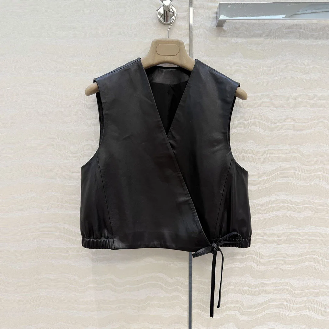 

High Quality 100% Sheepskin Genuine Leather Short Design Vest Coat Women V-neck Sleeveless Lace-up Tank Chic Fashion Jacket