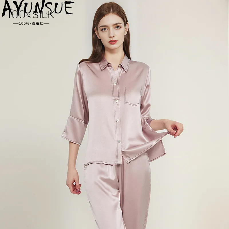 

AYUNSUE 19Mm 100% Mulberry Silk Sleepwear Women 2026 Women's Home Clothes Spring Summer Pajama Set Fashion Tops Pants Sets
