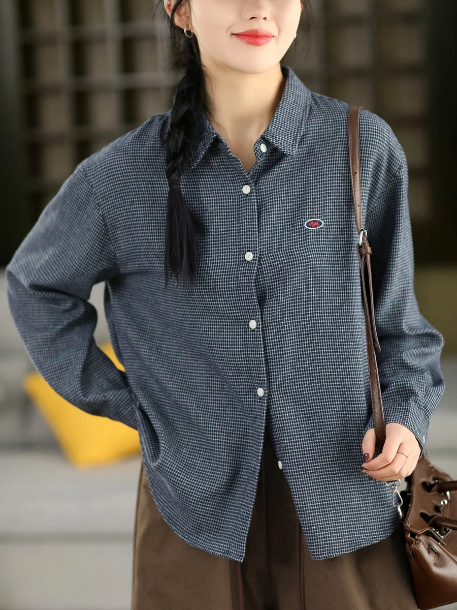 

Художественная хлопковая рубашка в клетку для женщин, весенняя, с длинным рукавом, из чистого хлопка, дышащая, свободного кроя, на пуговицах, Garden Beau, новинка