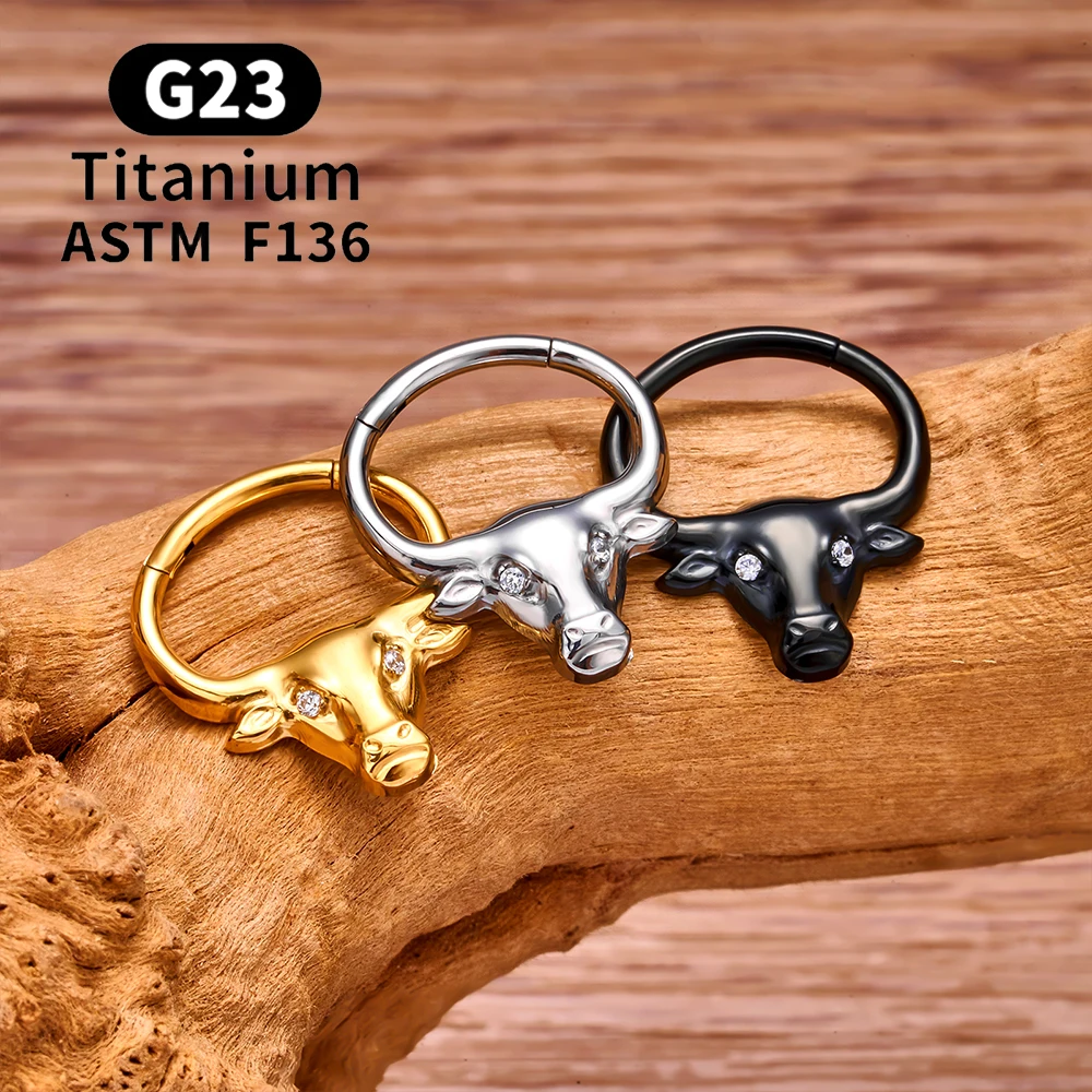 G23 Titanium Bull Head Design Piercing Septum Nose Ring Hoops 16G CZ Ear Cartilage Tragus Helix Earrings Men Women Body Jewelry
