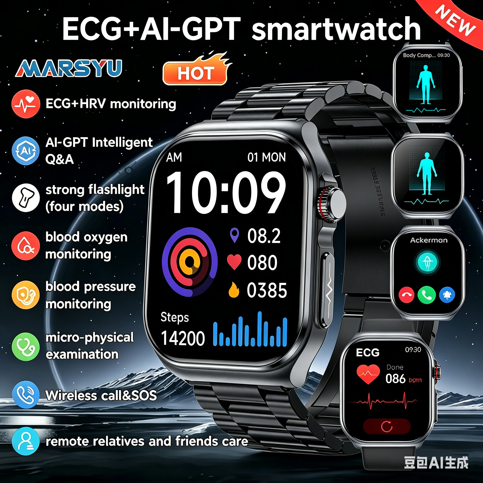 Marsyu 2026 Neue Gesundheits-Smartwatch EKG+PPG Blutfette Harnsäure Mikro-Untersuchung Taschenlampe UI Sprachanruf Sport-Smartwatch