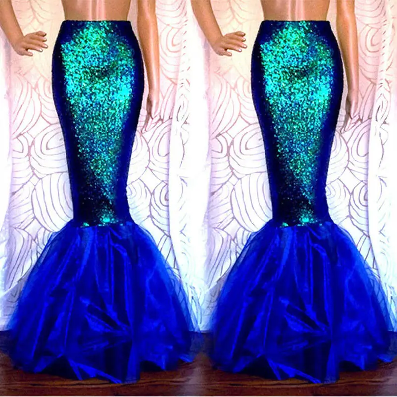 Women Adult Sequins Mermaid Long Tail Skirt Party Maxi Fancy Dress with Asymmetric Mesh Panel Halloween Cosplay Costume