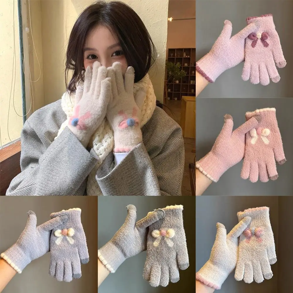 

Fashion Accessories Thicken Warmth Women Knitted Gloves Bowknot Soft Winter Gloves Touch Screen Windproof Warm Mittens