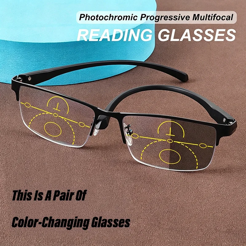 Photochrome Progressive Multifokal-Lesebrille mit Blaulichtfilter, Weitsichtbrille für Herren, Halbrahmen-Businessbrille gegen Alterssichtigkeit