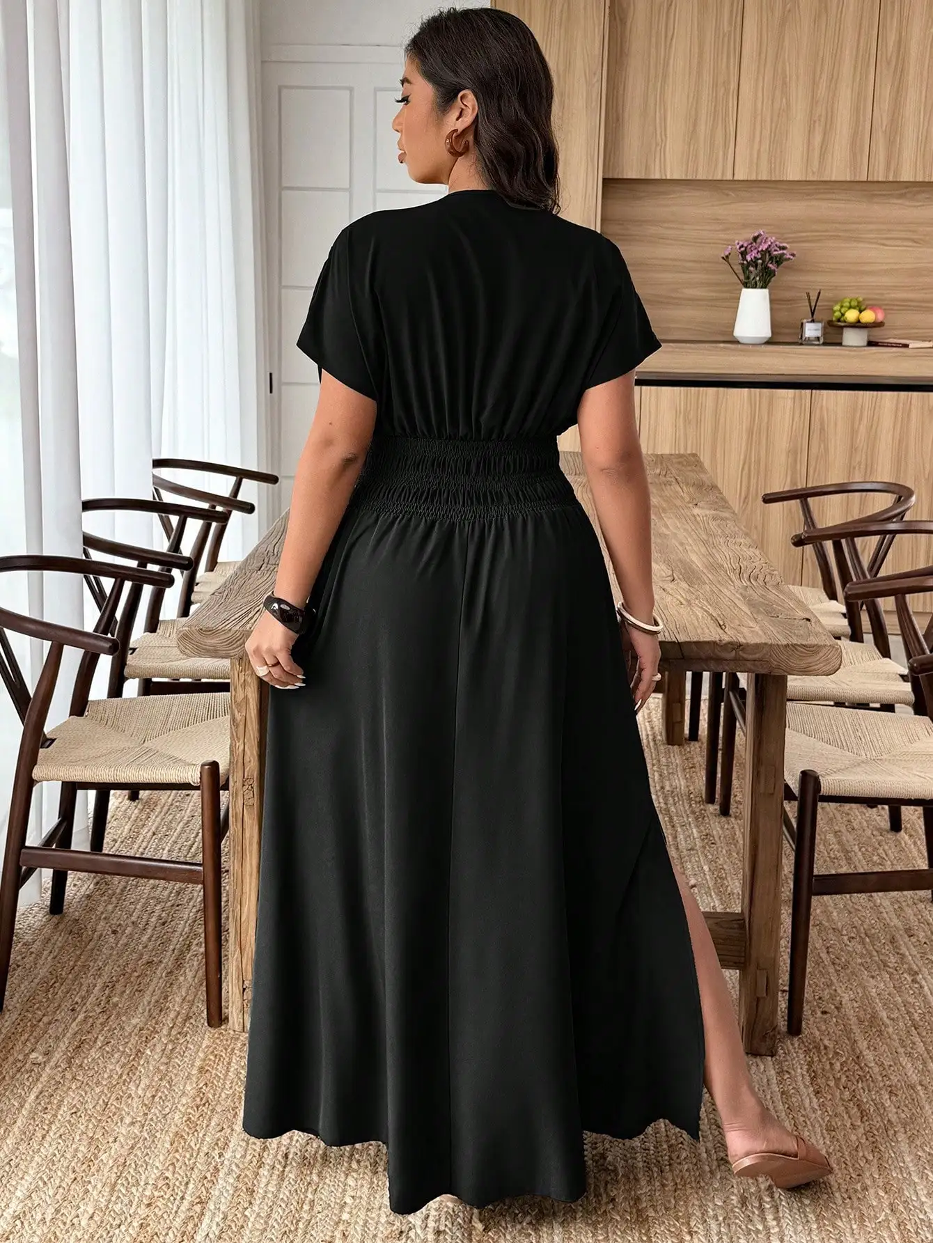 

Платье макси с V-образным вырезом и короткими рукавами для полных женщин, однотонное, повседневное, на лето