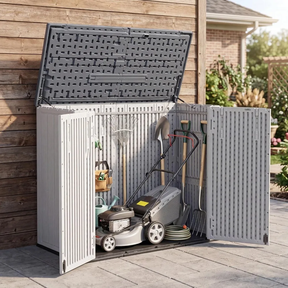 Outdoor Storage Shed 41 Cu.Ft Resin Horizontal Lockable Deck Box Spring-Assisted Lid UV & Windproof Cushions Tools Gear, Custom