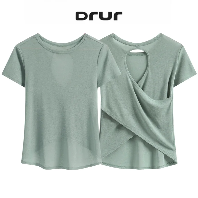 DRUR Women Yoga Tops Lightweight Quick Dry Summer Short Sleeve Sport Shirt Cross Back Hollow Out Running Tshirt Fitness Yogawear