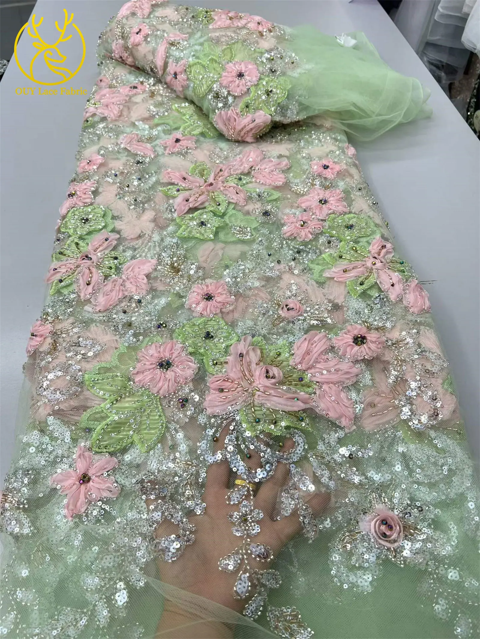 Eleganter 3D-Blumen-Spitzenstoff mit afrikanischen Perlen, französischer nigerianischer Pailletten-Mesh-Tüll-Spitzenstoff für Hochzeits- und Partykleider, Nähen, 5Y – Detail 10