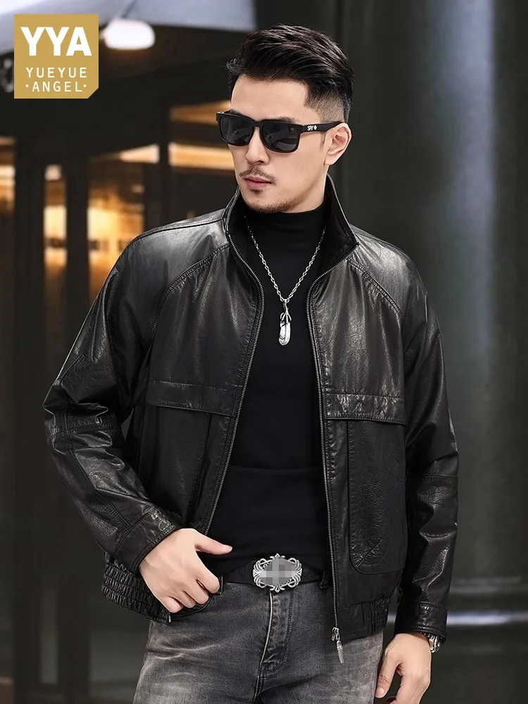 

Designer Men Autumn Motorcycle Biker Cowhide Genuine Leather Jacket Punk Style Real Leather Coat Short Style Oil Wax Cow Outwear