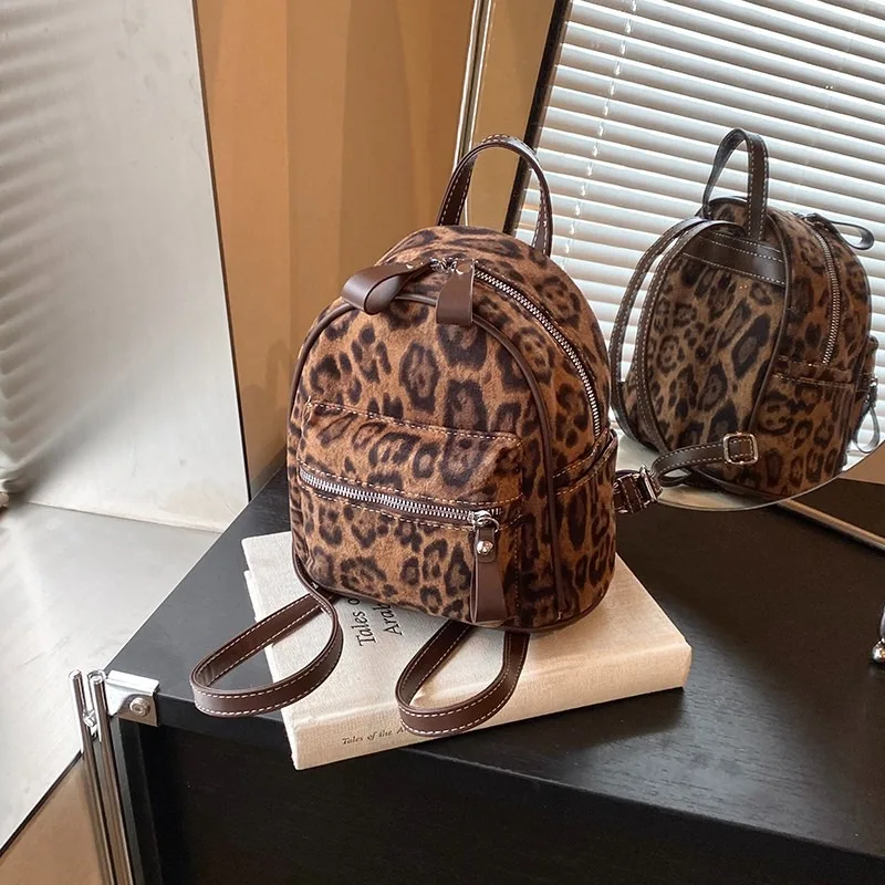 Popular Niche Leopard Print Women\'s Backpack 2024 New Autumn and Winter Versatile Backpack Mini Schoolbag