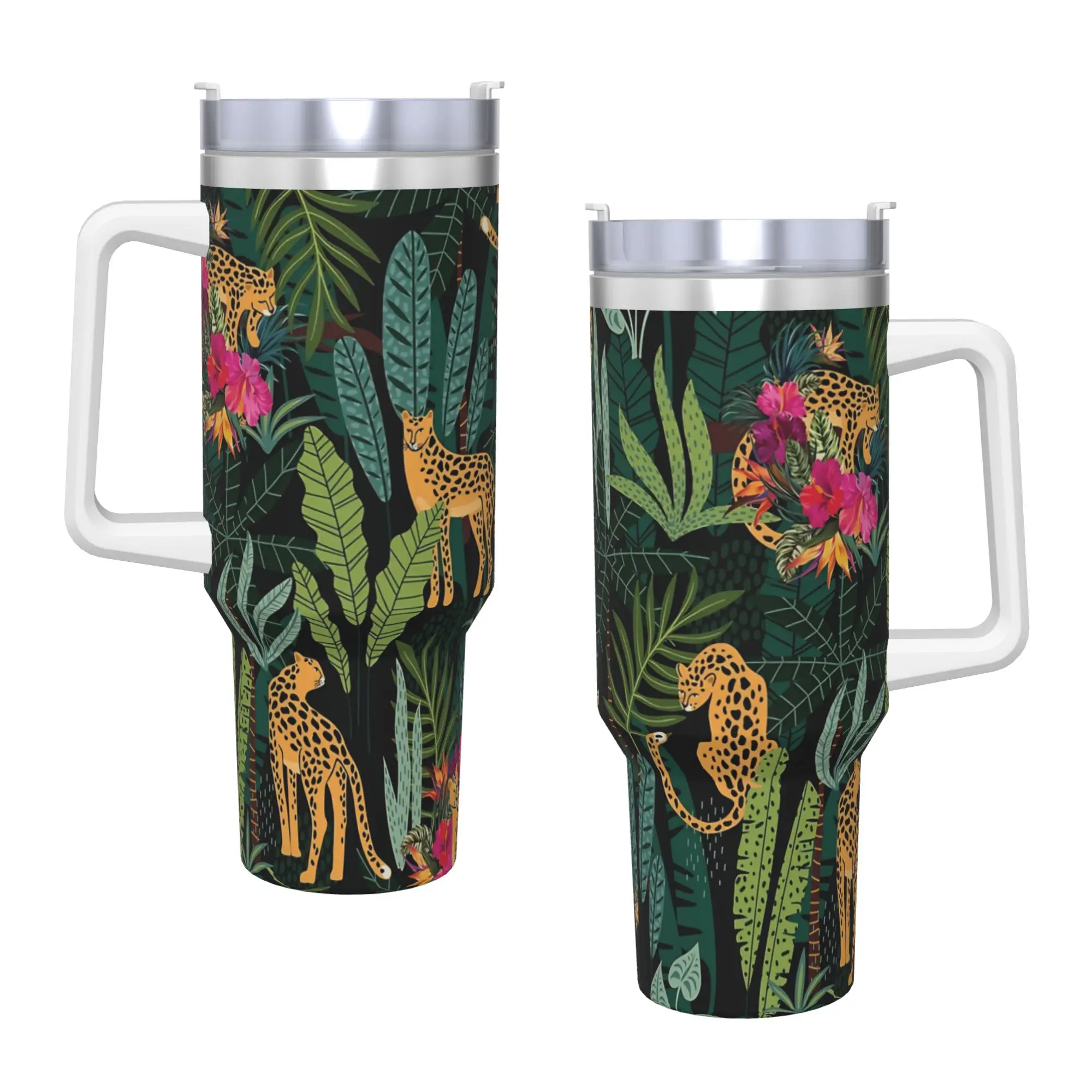 Leopard & Tropical Floral Stainless Steel Tumbler  Travel Thermal Cups With Straws and Lid Large Car Cold and Hot Water Bottle