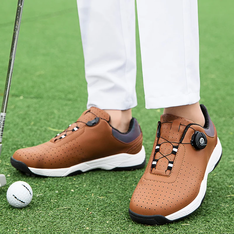 Sepatu Golf Mewah Bernapas Pria Nyaman untuk Olahraga Golf Tanpa Paku di Luar Ruangan, Sneakers Latihan Anti Selip Tahan Air untuk Berjalan