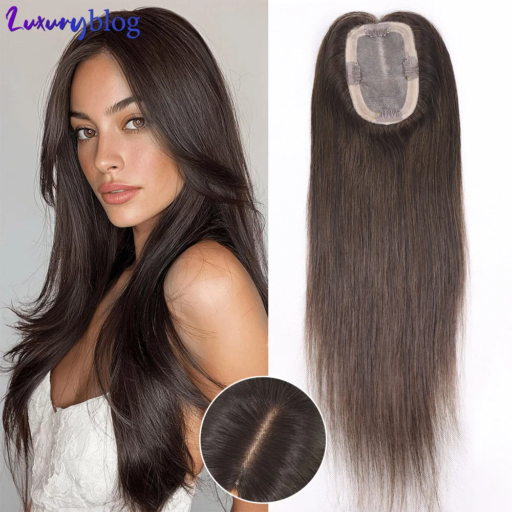 Dark Brown Toppers for Women 16Inch Straight Human Hair Clip In Hairpiece Remy Hair Mono Base Full Head Topper for Thin Hair
