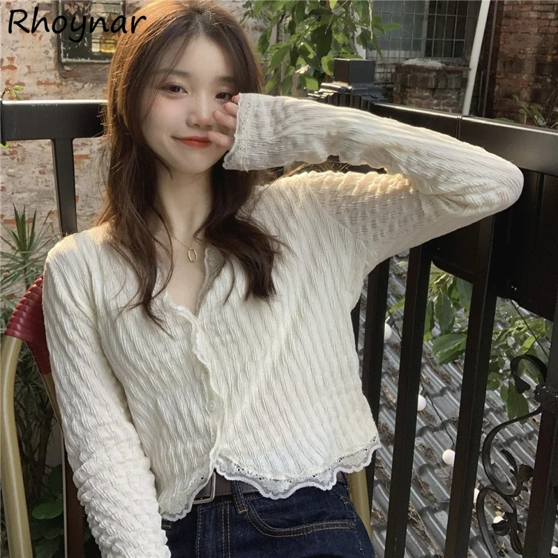 Sweet Lace Long Sleeve Shirts Tender Spring Princess Cropped Korean Style New Design V-neck Elegant Romantic Girlish Aesthetics