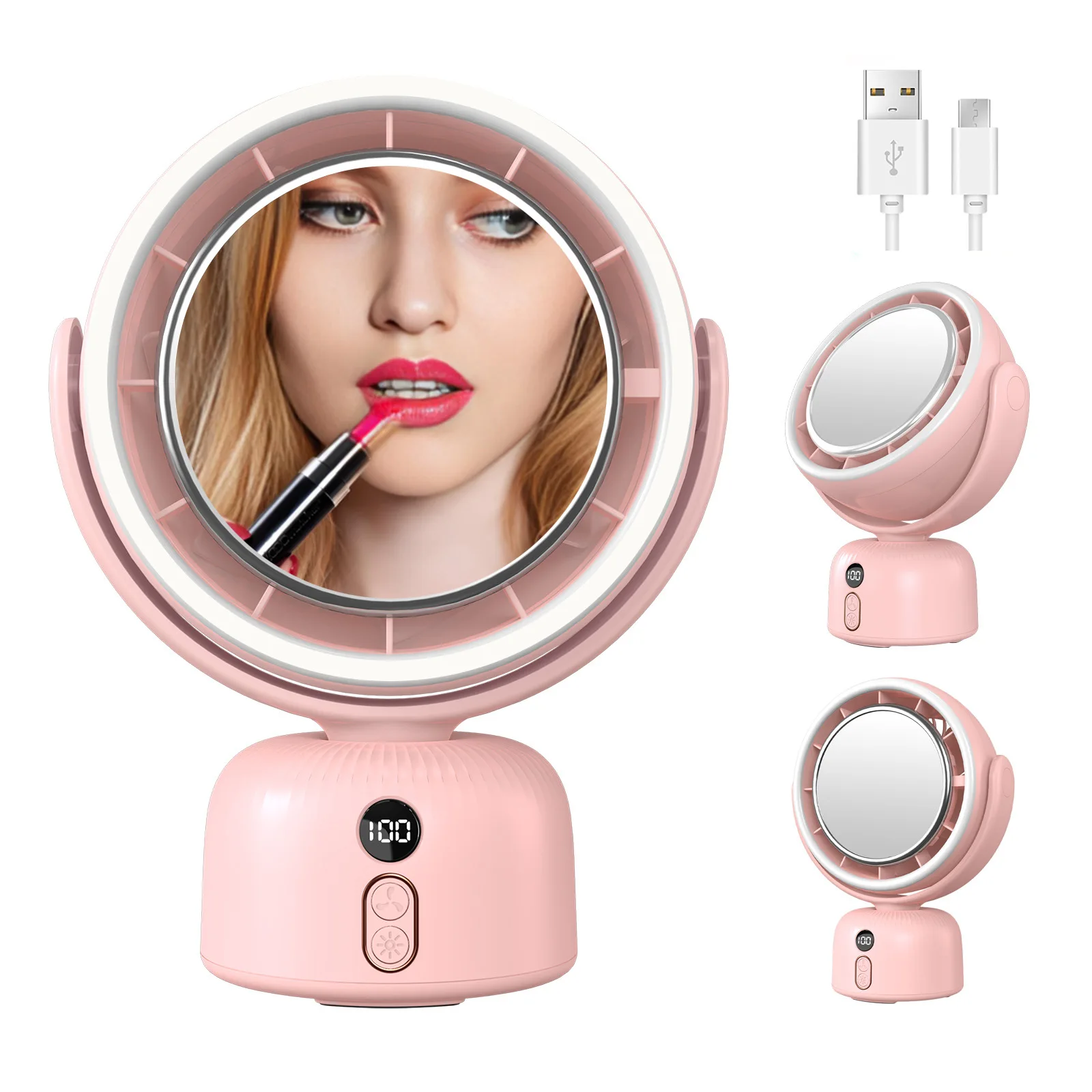 F2 Portable Makeup Mirror with Rotating Desk Light USB Charging Small Wall-Mounted Fan Supplemental Lighting for Desktop