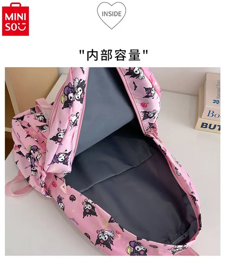 MINISO 2024 Fashion New High Quality Nylon Large Capacity Backpack for Women, Students, Sweet and Cute Kuromi School Bag