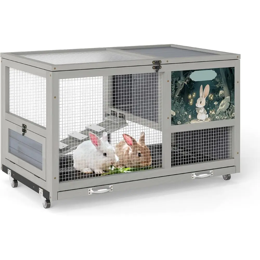 

36.5 Double-Decker Rabbit Hutch with Wheels, Cleaning Tray, and Ladder - Grey, Stylish & Easy Assembly