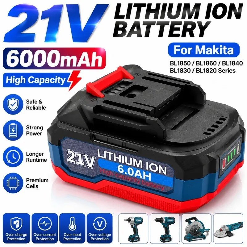 

18V 6Ah Li-Ion Battery for Makita BL1830B BL1815 BL1850B BL1860B, Replacement Power Tool Battery