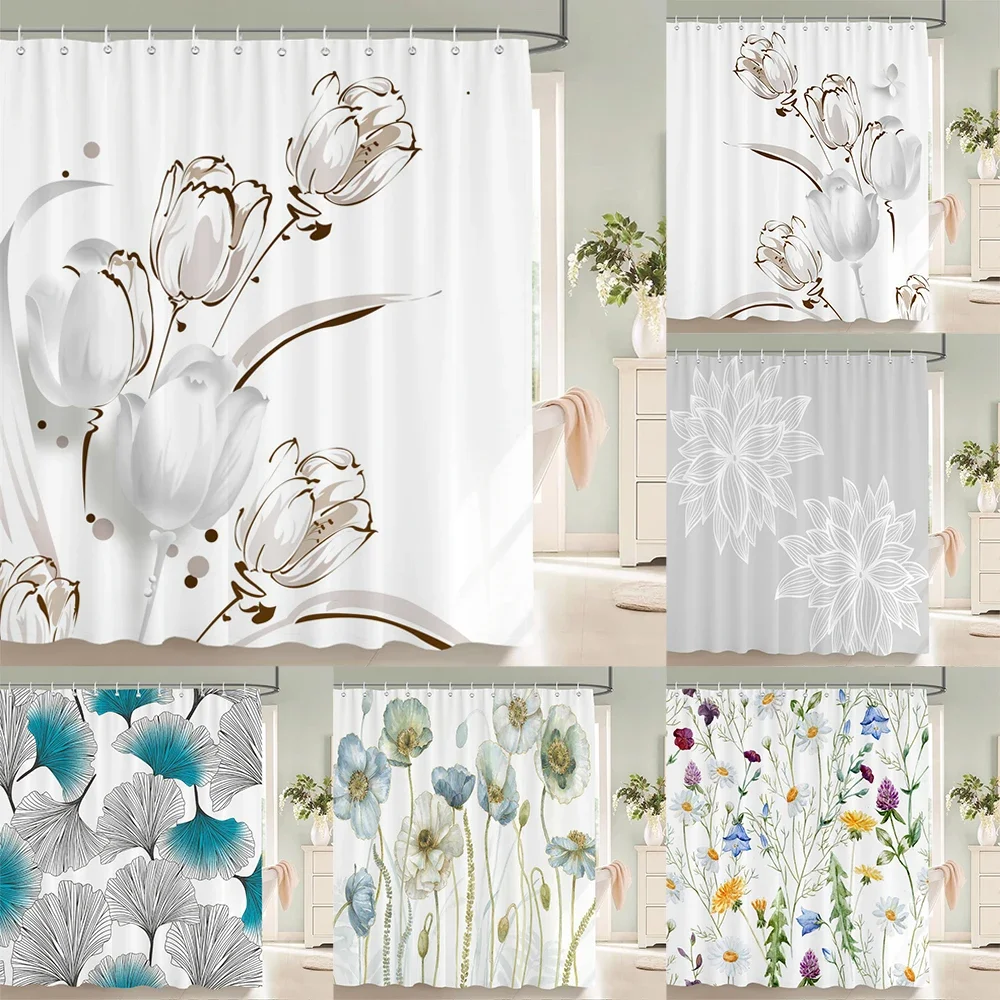 Minimalist Line Floral Shower Curtain White Tulip Ginkgo Leaf Wildflower Sketch Print Waterproof Fabric Bathroom Curtain With Ho