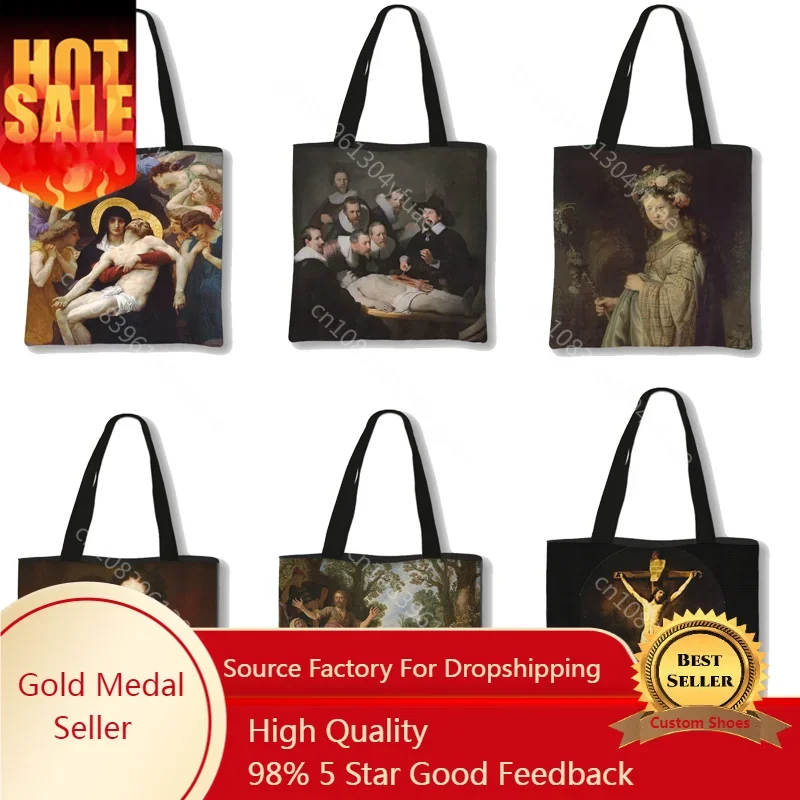 

New Rembrandt Oil Painting Tote Bag Retro Art Fashion Travel Bag Women Portable Eco Shopping High Quality Foldable Handbag