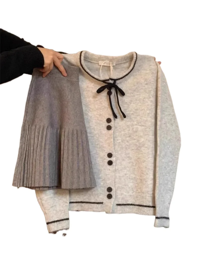 

Sweet Bow Knit Sweater 2024 New Fashion Single Breasted Cardigan Women's Spring Autumn Round Neck Long Sleeved Loose