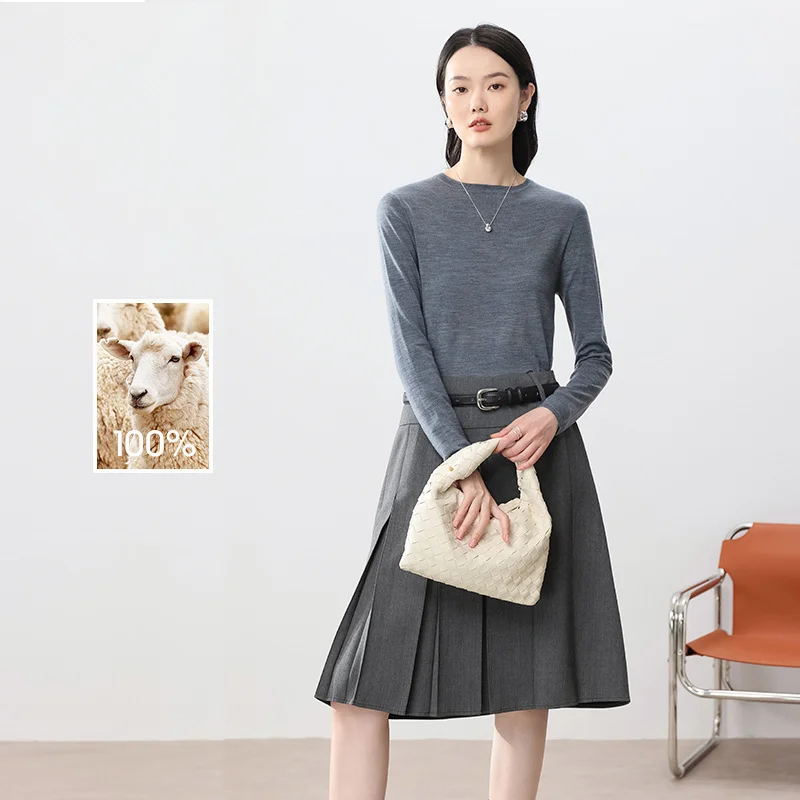 Birdtree-suéteres básicos informales para mujer, jerseys suaves de lana merina 100%, cuello redondo, moda de otoño e invierno, nuevo Top T49710QM, 2024