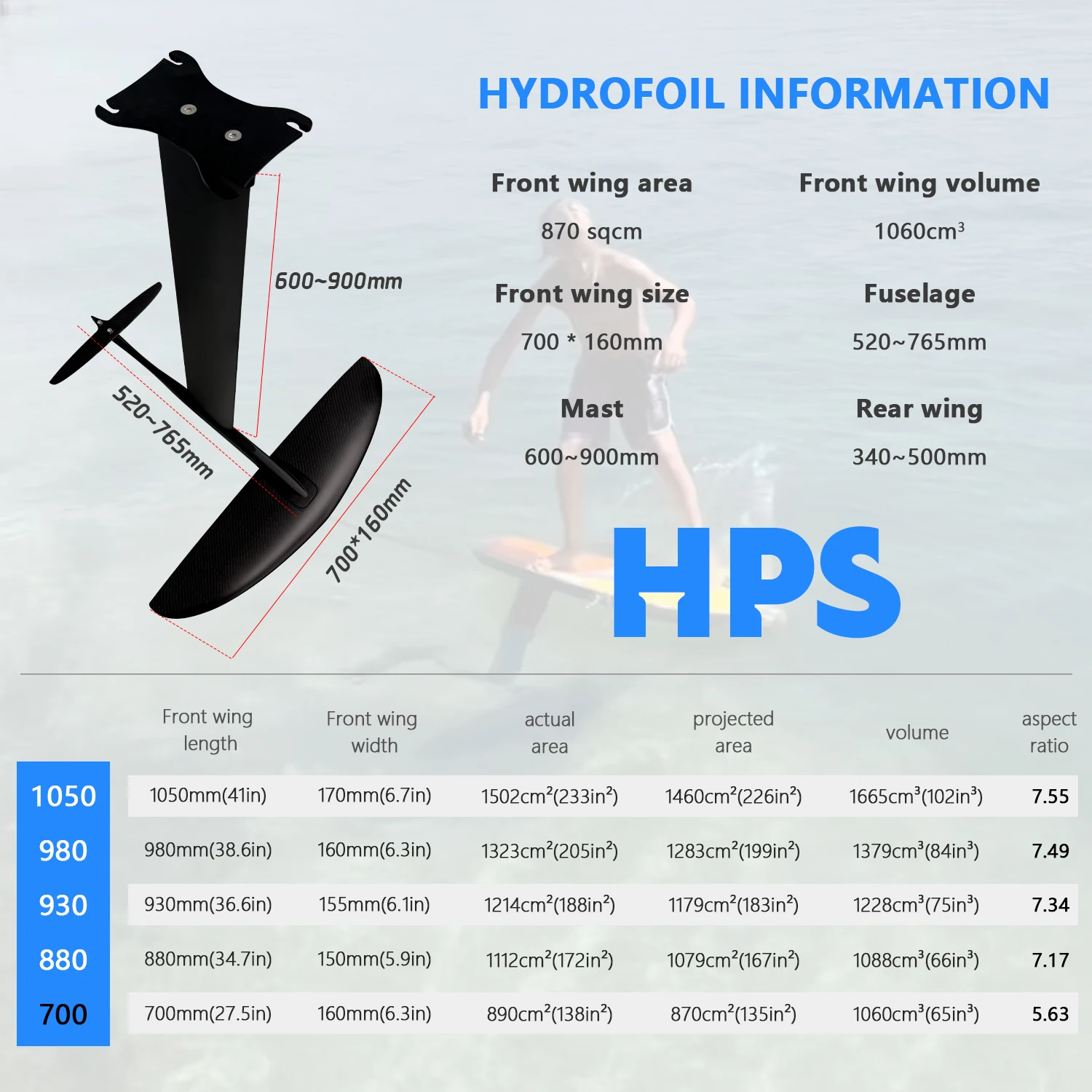 جناح أمامي من الكربون عالي الأداء HPS 700 للسرعة القصوى والانزلاق والتحكم في الجناح والطائرة الورقية وركوب الأمواج