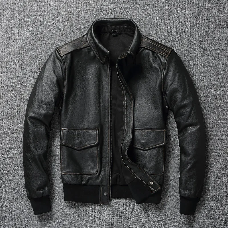 Free ship.Classic Air force A2 style men genuine leather jacket.father's cowhide coat.black plus size casual cloth.