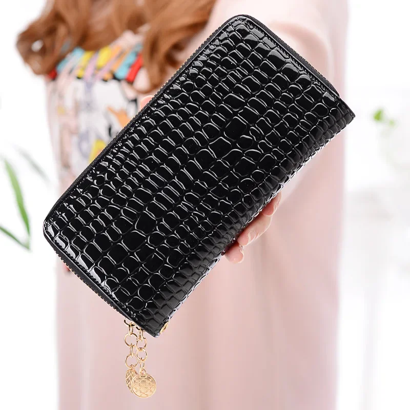 Femalelong Purse Fashion Bright Lacquered Coin Handbag Solid Color Double Zipper Larger Capacity Card Stone Pattern Long Wallet