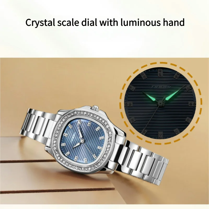 Quartz Watch for Women, Nautilus Series, 30.5mm Dial with Crystal Scale and Outer Ring Luminous Hands Stainless Steel Strap 3ATM