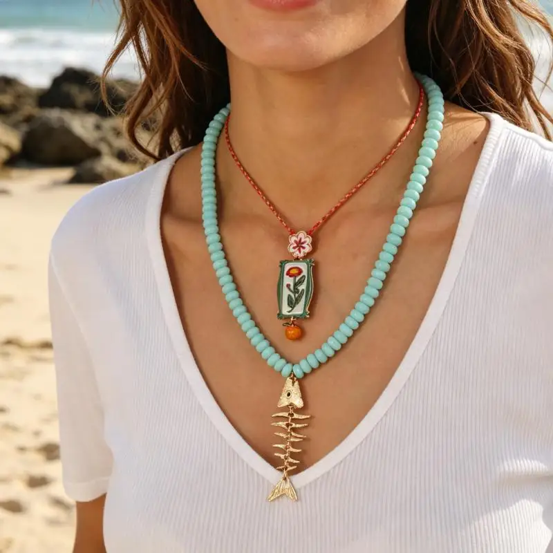 Mint Green Glass Beaded Necklace with Alloy Fishbone and Flower Charms – Stackable Design