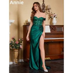 Annie Off-shoulder Embroidery Prom Dresses Green Silk Satin Evening Dresses Sexy Mermaid Side Slit Women Wedding Party Dress