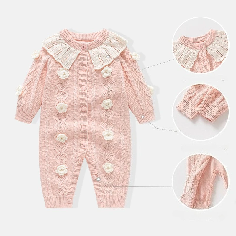 0-24M 100% Cotton Flower Baby Girl Romper Newborn Kid Winter Clohtes Knit Warm Jumpsuit New Born Thick Sweater Knitwear