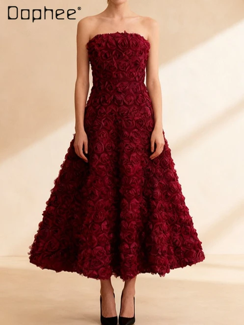 

European American Heavy Craft Socialite Evening Dresses Off-Shoulder Strapless Sleeveless Three-Dimensional Flower Long Dress