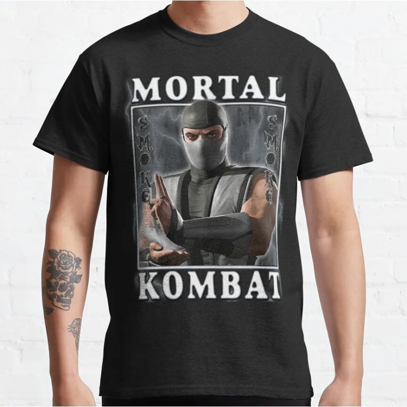 

Smoke 80s retro video game Mortal Kombat 1 Short-sleeve crewneck T-shirt for men large size Adult Tops S-6xl
