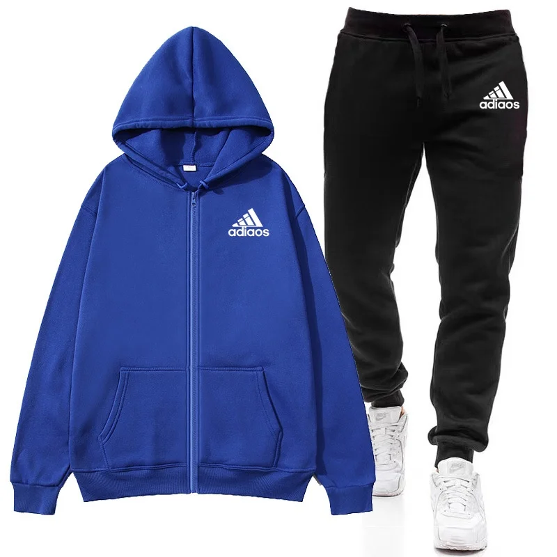 2 Stuks Set Trainingspak Heren Merk Herfst Winter Sweatshirt Met Capuchon + Trekkoord Broek Mannelijke Sport Rits Hoodies Hardloopsportkleding