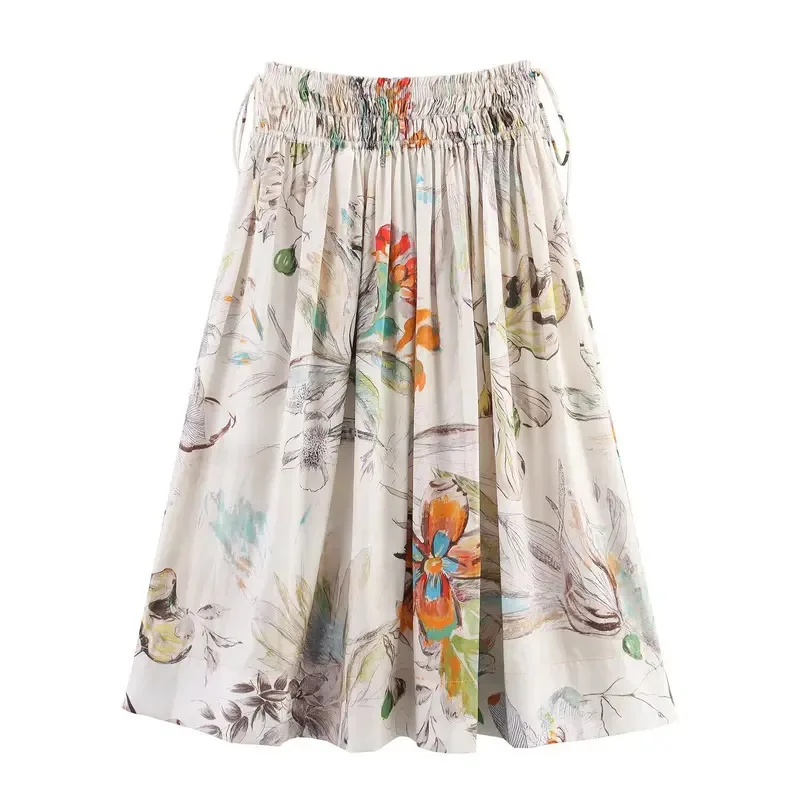 

Women's Retro Loose Hem Midi Skirt Elastic Waist Drawstring Casual Print Beach Vacation Large Hem Elegant Skirt