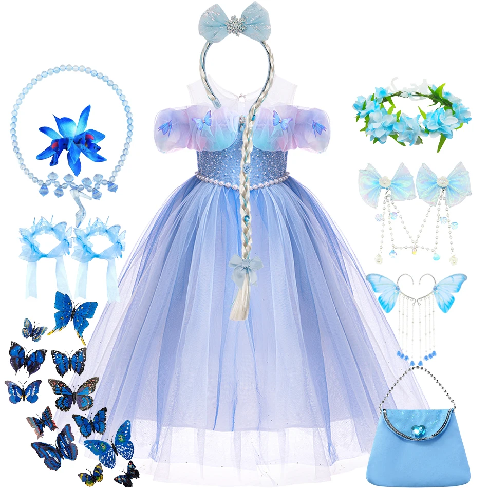 

Disney Princess Cinderella Luxury Ball Gown Girls Bule Butterfly Mesh Dress Chirldren Formal Dress for Birthday Party