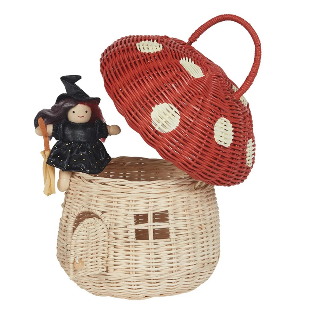 Nova cesta de armazenamento em forma de cogumelo de vime artesanal-fofo artesanal presente decoração arte rattan, vermelho