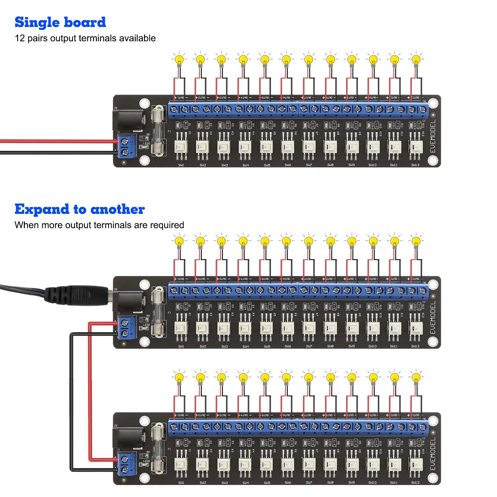 Evemodel DC 전력 분배 모듈 커넥터, 개별 스위치 PCB017, 12 채널, 3V-24V