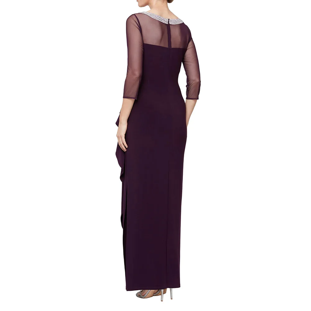 Customized Elegant O Neck Evenings Women's Long Jersey Mother of The Bride Dress Side Slit with 3/4 Illusion Sleeves 2025