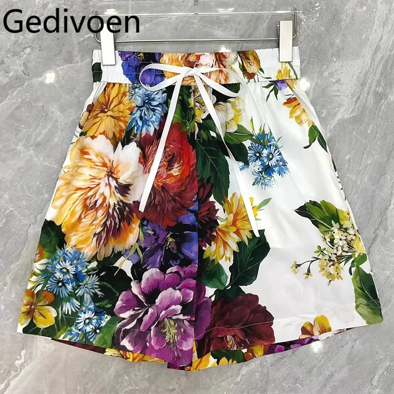 

Gedivoen 2025 Summer Clothing - Flowing Elastic Waist Cotton Shorts with High Waist and White Base Printed Hot Pants