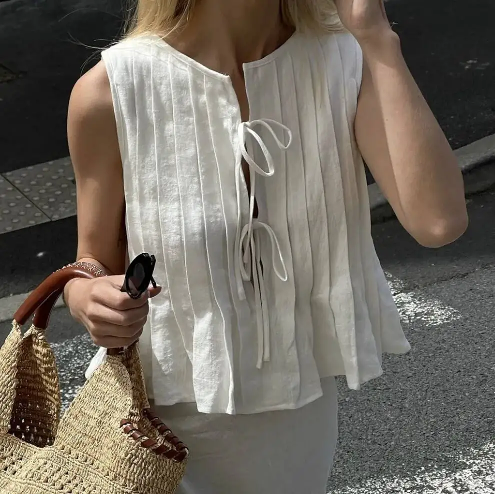 Mode Boog Lace Up Shirts Vrouwen Katoen Linnen Hol Mouwloze Geplooide Blouses Vrouw 2025, Zomer Nieuwe Casual Lady Witte Tops