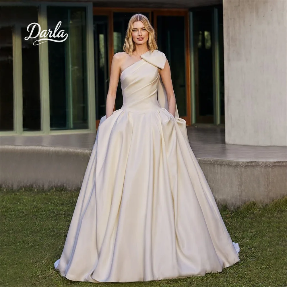 

Darla Customized One Shoulder Satin Ball Gown Wedding Dress Pockets Long Train Elegant Bride Dress 2025 New Arrival A-Line New