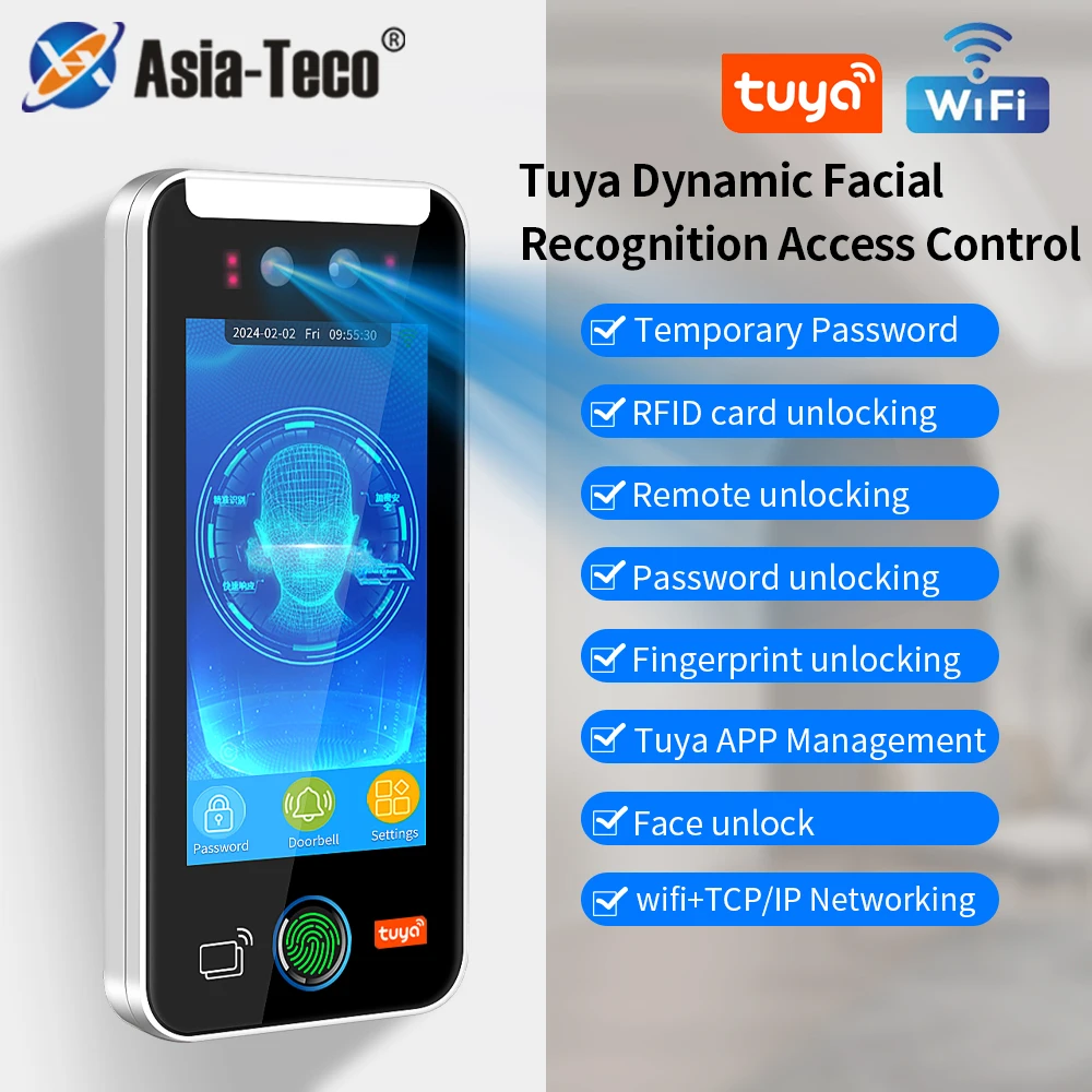 

Asia Teco World Debut 5 дюймов 5000user TCP/IP WIFI Приложение Tuya Динамическое распознавание лиц Контроль доступа Машина посещаемости Отпечаток пальца