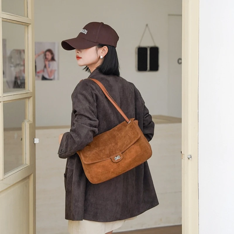 2026 Vintage Suede Genuine Leather Tote Shoulder Bag Women Luxury Frosted Cowhide French Flap Briefcase Messenger Crossbody Bag image 4