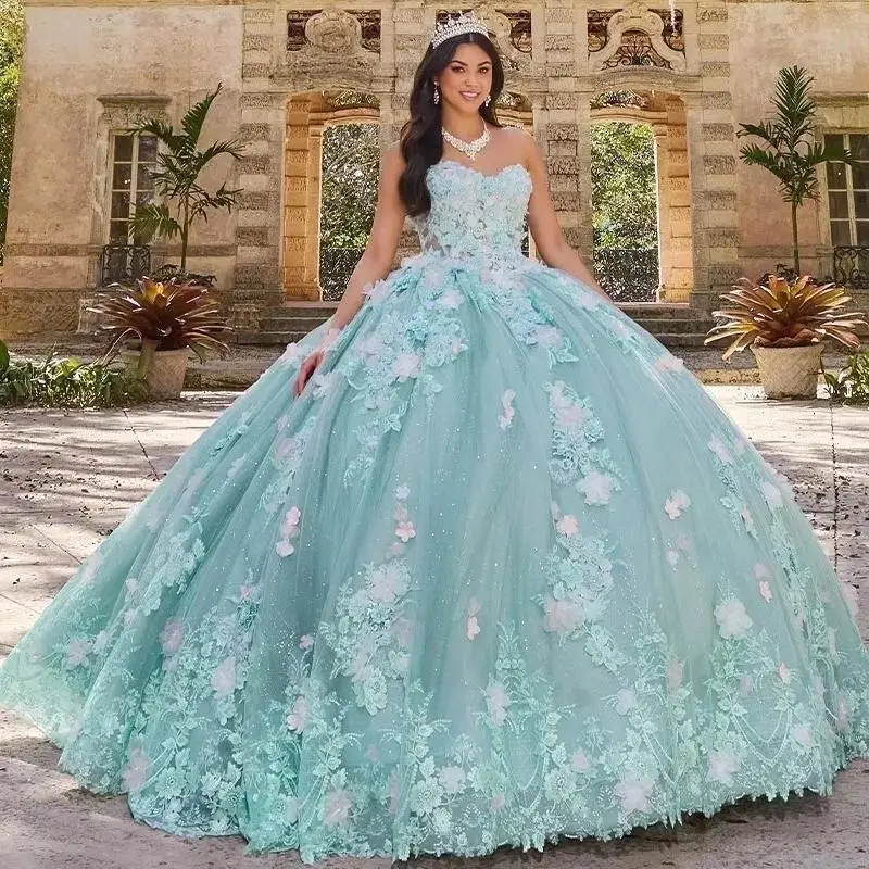 

Customized Mint Green Quinceanera Dress Ball Gown 3D Floral Applique Beading Corset Sweet 16 Vestido 15 De Años