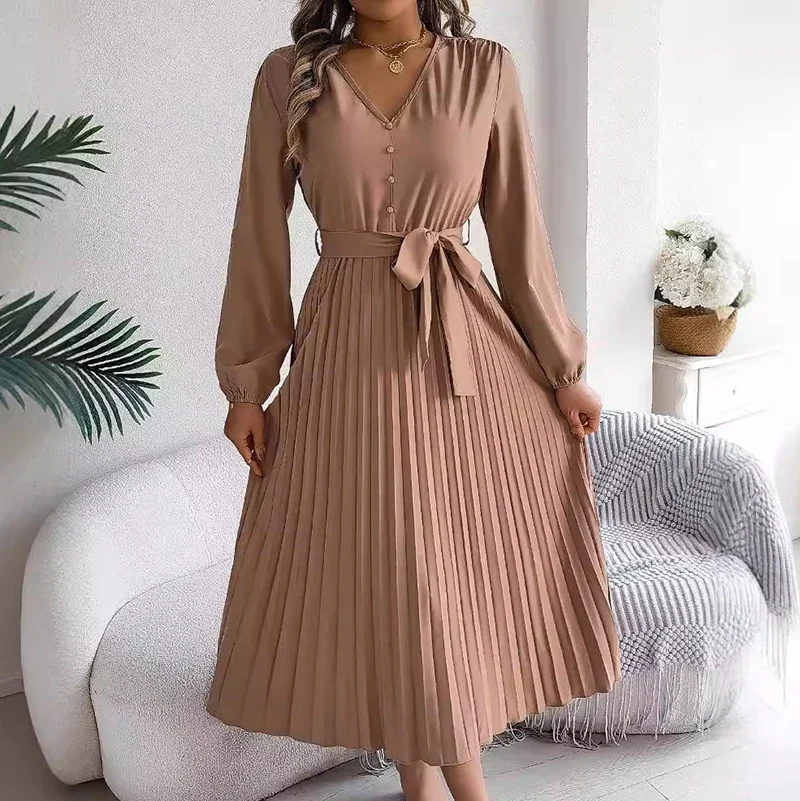 Women's Long Dresses Autumn Elegant Pleated Long Sleeveed Lace Up Dresses Beach Boho Wrap Ruffle Hem Big Swing Long Sundress