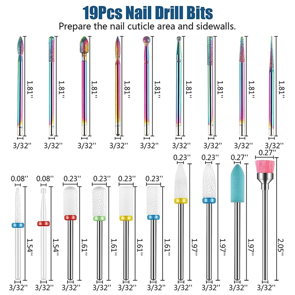 19-delige nagelborensets, 3/32 inch diamanten nagelriem elektrische nagelvijl en keramische acryl gel nagelbitset, acryl