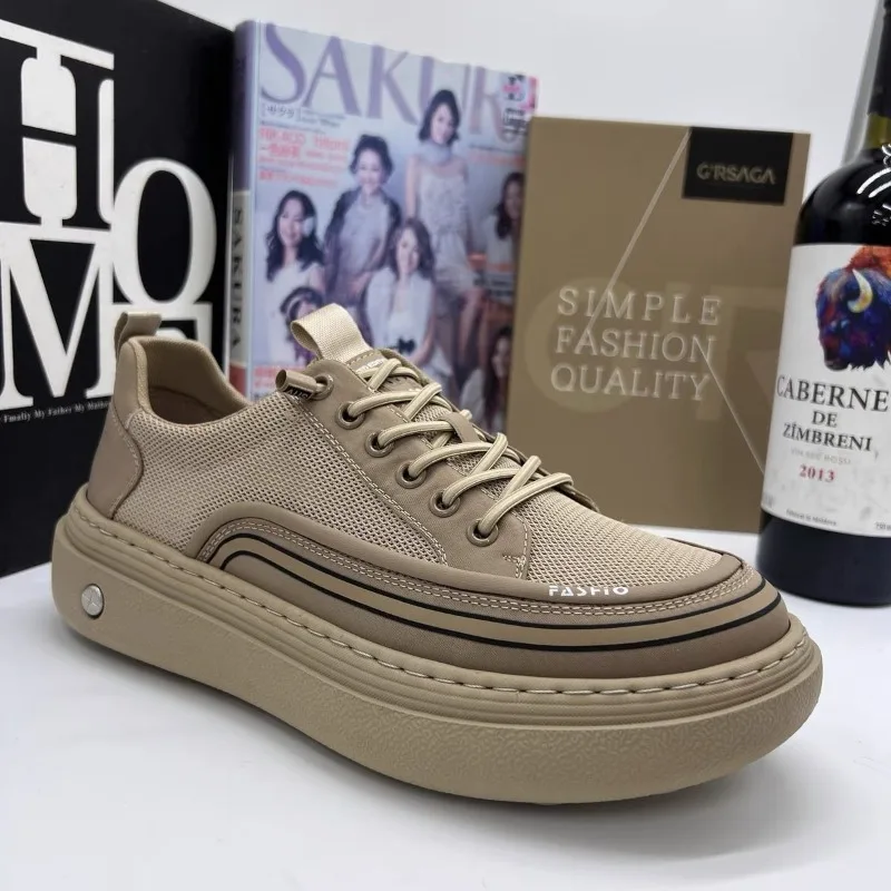 Men Mesh Breathable Casual Skate Shoe Elastic No‑Tie Slip On Low Top Sneakers Thick  Sole Fashion Footwear Daily Walking Commute